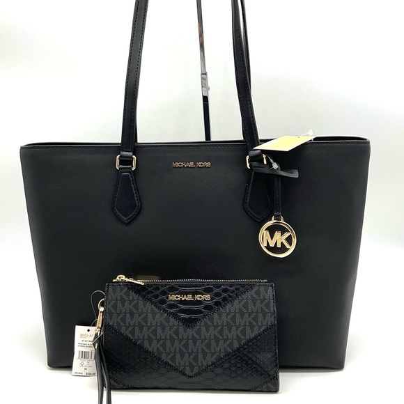 Michael Kors Bag Large Sheila Mf Tote Bag & Large Double Zip Wallet Black/Gold - Picture 1 of 14